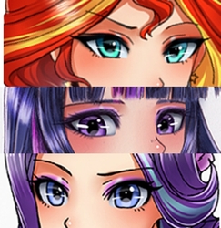 Size: 441x453 | Tagged: safe, artist:racoonsan, edit, starlight glimmer, sunset shimmer, twilight sparkle, equestria girls, g4, counterparts, human coloration, magical trio, persona eyes, twilight's counterparts