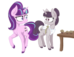 Size: 2976x2293 | Tagged: safe, artist:paskanaakka, derpibooru exclusive, starlight glimmer, sugar belle, pony, unicorn, g4, apron, chest fluff, clothes, colored hooves, duo, duo female, ear fluff, empty eyes, equal cutie mark, equalized, female, food, grin, high res, muffin, no catchlights, s5 starlight, simple background, smiling, table, teeth, transparent background, unshorn fetlocks
