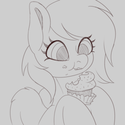 Size: 1280x1280 | Tagged: safe, artist:askamberfawn, oc, oc only, oc:azure skies, pony, cupcake, eating, female, food, monochrome, solo