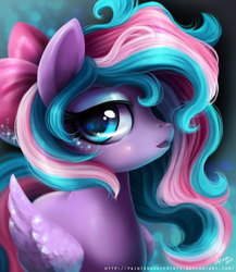 Size: 1043x1200 | Tagged: safe, artist:paintedhoofprints, oc, oc only, oc:spirit sparkle, pegasus, pony, bow, bust, commission, eyeshadow, female, hair bow, lidded eyes, looking at you, makeup, mare, multicolored hair, solo