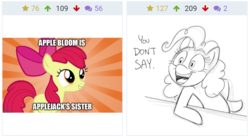 Size: 1232x669 | Tagged: safe, artist:mickeymonster, screencap, apple bloom, pinkie pie, earth pony, pony, derpibooru, g4, captain obvious, juxtaposition, meta, obvious, you don't say