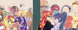 Size: 3600x1430 | Tagged: safe, artist:aka-ryuga, artist:phyllismi, applejack, fluttershy, pinkie pie, rainbow dash, rarity, sci-twi, spike, sunset shimmer, twilight sparkle, alicorn, human, pony, rowlet, equestria girls, g4, clothes, collaboration, counterparts, cute, double date, equestria girls ponified, female, lesbian, mannequin, pokémon, ponified, ship:sci-twishimmer, ship:sunsetsparkle, shipping, twilight sparkle (alicorn), twilight's counterparts, twolight, window