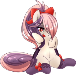 Size: 2407x2366 | Tagged: safe, artist:xwhitedreamsx, oc, oc only, oc:sweet velvet, bat pony, pony, semi-anthro, adorasexy, arm hooves, bedroom eyes, belly, belly button, clothes, cute, fangs, female, high res, kneeling, licking, licking lips, mare, sexy, simple background, smiling, solo, stockings, thigh highs, tongue out, transparent background