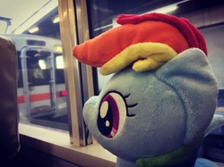 Size: 3264x2446 | Tagged: safe, artist:setorin5, rainbow dash, g4, 4de, high res, irl, japan, photo, plushie, ponies around the world, solo, train, travelling