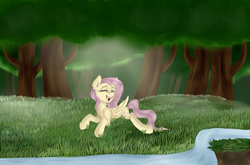 Size: 2999x1981 | Tagged: safe, artist:appleychu, fluttershy, pegasus, pony, g4, eyes closed, female, forest, happy, open mouth, prone, solo