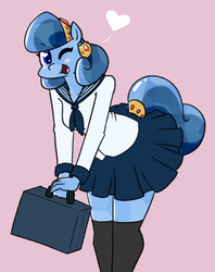 Size: 862x1091 | Tagged: safe, artist:whatsapokemon, oc, oc only, oc:heart song, crystal pony, anthro, anthro oc, blushing, briefcase, clothes, cute, female, heart, looking at you, mare, ocbetes, one eye closed, school uniform, simple background, smiling, solo, wink