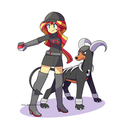 Size: 800x844 | Tagged: safe, artist:riouku, sunset shimmer, houndoom, equestria girls, g4, boots, clothes, crossover, duo, gloves, hat, high heel boots, poké ball, pokémon, shoes, simple background, skirt, smiling, team rocket, thigh boots, white background