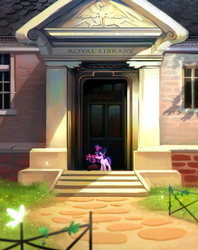 Size: 1962x2479 | Tagged: safe, artist:imalou, twilight sparkle, butterfly, pony, g4, book, cute, female, filly, filly twilight sparkle, glowing horn, grass, horn, library, magic, reading, solar empire, solo, stairs, twiabetes, wagon
