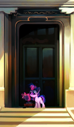 Size: 798x1371 | Tagged: safe, artist:imalou, twilight sparkle, pony, g4, book, close-up, cute, female, filly, filly twilight sparkle, glowing horn, horn, magic, reading, smiling, solo, twiabetes, wagon