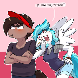 Size: 1000x1000 | Tagged: safe, artist:lucidlarceny, oc, oc only, oc:cover story, oc:squeaky clean, earth pony, pegasus, anthro, :t, blushing, crossed arms, duo, female, male, teasing