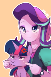 Size: 670x1015 | Tagged: safe, artist:maren, starlight glimmer, twilight sparkle, alicorn, pony, equestria girls, g4, annoyed, beanie, cheek pinch, clothes, cross-popping veins, cute, duo, eyeshadow, female, glimmerbetes, hat, makeup, mare, simple background, smiling, squishy cheeks, twiabetes, twilight sparkle (alicorn), watch