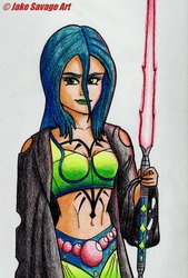 Size: 1024x1515 | Tagged: safe, artist:fires-storm, queen chrysalis, human, g4, assassin, clothes, disney, female, humanized, lightsaber, lucasfilm, midriff, sith, solo, star wars, traditional art, weapon
