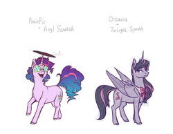 Size: 1280x991 | Tagged: safe, artist:28gooddays, dj pon-3, octavia melody, pinkie pie, twilight sparkle, vinyl scratch, oc, alicorn, pony, g4, alicornified, classy, duo, female, fusion, glasses, horn, mare, open mouth, race swap, record, simple background, star glasses, sunglasses, the uses of unicorn horns, twilight sparkle (alicorn), white background