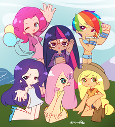 Size: 1280x1408 | Tagged: safe, artist:born-to-die, applejack, fluttershy, pinkie pie, rainbow dash, rarity, twilight sparkle, human, g4, askadorkabletwi, balloon, belly button, blue hair, blushing, clothes, cloud, cowboy hat, dark skin, dress, freckles, glasses, grass, green hair, hat, humanized, light skin, long hair, mane six, mane six opening poses, mountain, multicolored hair, necktie, open mouth, orange hair, outdoors, panty and stocking with garterbelt, pink hair, purple hair, red hair, scene interpretation, shoes, smiling, style emulation, yellow hair