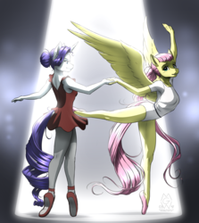 Size: 2250x2520 | Tagged: safe, artist:mykegreywolf, fluttershy, rarity, anthro, plantigrade anthro, g4, ahiru, alternate hairstyle, backbend, ballerina, ballet slippers, clothes, dancing, duo, duo female, female, flexible, graceful, high res, holding hands, large wings, leotard, pas de deux, pointe, princess kraehe, princess tutu, smiling, spotlight, spread wings, tutu, wings