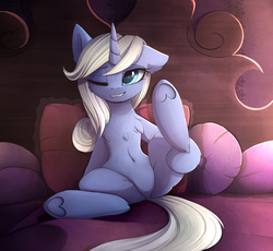 Size: 3780x3476 | Tagged: safe, artist:magnaluna, oc, oc only, oc:moonbow, pony, unicorn, bed, bedroom eyes, belly button, body markings, chest fluff, colored pupils, commission, cute, ear fluff, featureless crotch, female, floppy ears, fluffy, high res, hoof heart, horn, inviting, leg hold, leg in air, lip bite, magnaluna is trying to murder us, mare, on bed, one eye closed, pillow, sitting, smiling, solo, spread legs, underhoof, unicorn oc, wink