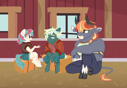 Size: 1800x1244 | Tagged: safe, artist:dbkit, oc, oc only, oc:hightide, oc:juniper jewel, oc:ruth opal, minotaur, anthro, unguligrade anthro, barn, offspring, parent:braeburn, parent:dumbbell, parent:rainbow dash, parent:rarity, parents:dumbdash, parents:rariburn, story included, trio