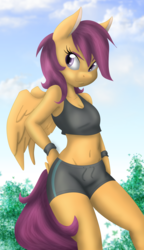 Size: 3000x5222 | Tagged: safe, artist:ambris, artist:kurausuki, scootaloo, pegasus, anthro, g4, belly button, clothes, female, high res, shorts, solo, sports bra, tank top, teenager
