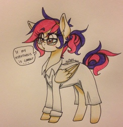 Size: 1244x1280 | Tagged: safe, artist:ameliacostanza, oc, oc only, oc:mayday parker sparkle, pegasus, pony, clothes, crossover, crossover shipping, curly hair, curly mane, dialogue, equestrian avengers, glasses, lab coat, male, messy bun, messy mane, offspring, parent:peter parker, parent:twilight sparkle, parents:spidertwi, solo, spider-man, traditional art