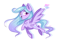 Size: 800x580 | Tagged: safe, artist:ipun, oc, oc only, oc:love moon, pegasus, pony, blushing, female, flying, heart, heart eyes, mare, open mouth, simple background, smiling, solo, spread wings, white background, wingding eyes