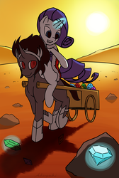 Size: 2561x3801 | Tagged: safe, artist:akayuki, king sombra, rarity, pony, unicorn, g4, accessory swap, cart, female, gem, high res, magic, male, ponies riding ponies, riding, shipping, smiling, sombrarity, straight, sun