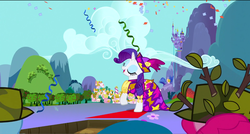 Size: 1360x730 | Tagged: safe, screencap, pinkie pie, rainbow dash, rarity, pony, dragon quest, g4, camouflage, clothes, dress, eyes closed, raised hoof, streamers