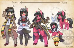 Size: 1600x1035 | Tagged: safe, artist:shepherd0821, oc, oc only, oc:macdolia, earth pony, human, pony, anthro, semi-anthro, unguligrade anthro, alice in wonderland, anthro chart, anthro with ponies, bunny hood, castlevania, chain whip, clothes, cowboy hat, cross, doctor who, female, fourth doctor, fourth doctor's scarf, french maid, hat, humanized, izayoi sakuya, looking at you, maid, maid headdress, pigtails, pocket watch, raised hoof, rope, scarf, smiling, socks, solo, stetson, striped scarf, thigh highs, time travelers, touhou, twintails, watch, white rabbit