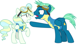 Size: 11147x6400 | Tagged: safe, artist:parclytaxel, sky stinger, vapor trail, pegasus, pony, g4, top bolt, .svg available, absurd resolution, angry, clothes, duo, female, frown, goggles, male, mare, open mouth, pointing, raised hoof, raised leg, scared, show accurate, simple background, stallion, transparent background, uniform, vector, wonderbolt trainee uniform