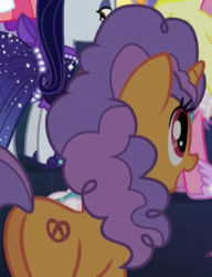 Size: 330x429 | Tagged: safe, screencap, moonlight raven, pretzel twist, sunshine smiles, pony, unicorn, canterlot boutique, g4, butt, cropped, female, food, mare, plot, pretzel