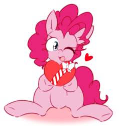 Size: 1363x1438 | Tagged: safe, artist:akainu_pony, pinkie pie, earth pony, pony, g4, cute, female, gift giving, heart, one eye closed, open mouth, present, simple background, sitting, smiling, solo, valentine's day, wink