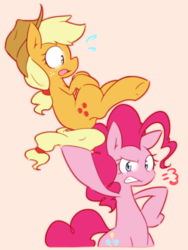 Size: 1760x2336 | Tagged: safe, artist:akainu_pony, applejack, pinkie pie, earth pony, pony, g4, bipedal, lifting, simple background, surprised, sweat