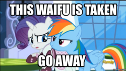 Size: 600x338 | Tagged: safe, edit, edited screencap, screencap, rainbow dash, rarity, g4, rarity investigates, clothes, dress, female, image macro, lesbian, meme, nose wrinkle, ship:raridash, shipping, waifu