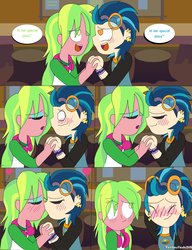 Size: 3001x3900 | Tagged: safe, artist:rainbowyoshi305, indigo zap, lemon zest, equestria girls, g4, my little pony equestria girls: legend of everfree, blushing, camp everfree outfits, ear piercing, earring, female, goggles, high res, jewelry, kissing, lesbian, piercing, ship:lemonzap, shipping