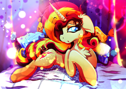 Size: 1920x1358 | Tagged: safe, artist:rariedash, sunset shimmer, pony, unicorn, g4, bed, chest fluff, female, floppy ears, pillow, prone, solo