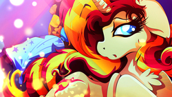 Size: 1920x1080 | Tagged: safe, artist:rariedash, sunset shimmer, pony, unicorn, g4, bed, chest fluff, female, floppy ears, pillow, prone, solo, wallpaper