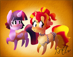 Size: 1024x807 | Tagged: dead source, safe, artist:shellielle, sunset shimmer, twilight sparkle, alicorn, pony, unicorn, g4, bikini, blushing, clothes, duo, duo female, embarrassed, female, lesbian, one-piece swimsuit, raised hoof, ship:sunsetsparkle, shipping, swimsuit, twilight sparkle (alicorn)