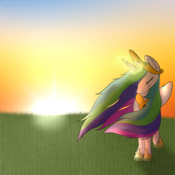 Size: 2500x2500 | Tagged: safe, artist:ponytaur, princess celestia, alicorn, pony, g4, eyes closed, female, high res, magic, mare, solo, sunrise, windswept mane