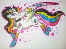 Size: 1024x760 | Tagged: safe, artist:oneiria-fylakas, oc, oc only, oc:magenta bolt, pegasus, pony, choker, colored wings, female, mare, multicolored wings, solo, spiked choker, traditional art