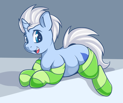 Size: 2253x1881 | Tagged: safe, artist:graphene, oc, oc only, oc:frost bite, pony, unicorn, clothes, cute, male, socks, solo, striped socks