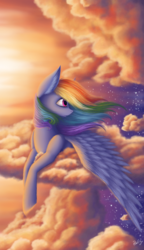 Size: 715x1244 | Tagged: safe, artist:floralfly, rainbow dash, pegasus, pony, g4, beautiful, cloud, ear fluff, female, looking back, prone, sky, solo, stars, twilight (astronomy), windswept mane