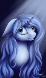 Size: 720x1214 | Tagged: safe, artist:floralfly, oc, oc only, oc:christina, pony, unicorn, bust, crepuscular rays, floppy ears, horn, looking back, portrait, smiling, solo, unicorn oc