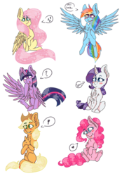 Size: 1024x1471 | Tagged: safe, artist:liddieneko, applejack, fluttershy, pinkie pie, rainbow dash, rarity, twilight sparkle, alicorn, pony, g4, 20% cooler, chest fluff, chibi, exclamation point, heart, mane six, pictogram, question mark, simple background, sitting, transparent background, twilight sparkle (alicorn)