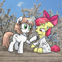 Size: 1024x1024 | Tagged: safe, artist:helmie-art, apple bloom, oc, oc:healing touch, pony, unicorn, g4, blood, bow, clothes, commission, duo, female, filly, floppy ears, gi, glowing horn, hair bow, horn, injured, karate, karatebloom, magic, martial arts, pants, raised hoof, robe, sitting, sky, smiling, sweat, sweatdrop, tree, white belt