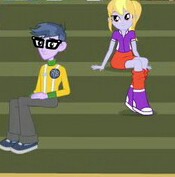Size: 175x177 | Tagged: safe, screencap, cloudy kicks, micro chips, equestria girls, g4, my little pony equestria girls: friendship games, bleachers, clothes, glasses, pants, shoes, sitting, skirt, sneakers, socks