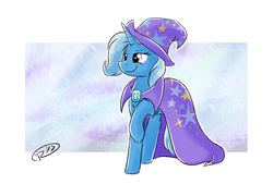 Size: 2380x1612 | Tagged: safe, artist:ruushiicz, trixie, pony, unicorn, g4, abstract background, cape, clothes, female, hat, raised hoof, smiling, solo, trixie's cape, trixie's hat