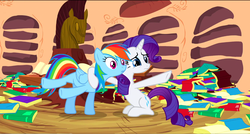 Size: 1360x730 | Tagged: safe, screencap, rainbow dash, rarity, pony, dragon quest, g4, book, golden oaks library, pointing, x x everywhere