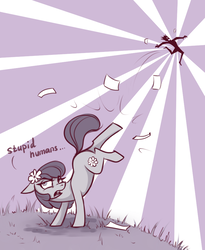 Size: 762x929 | Tagged: safe, artist:28gooddays, lily, lily valley, human, pony, g4, annoyed, bucking, dialogue, misanthropy, monochrome, paper, twinkle in the sky