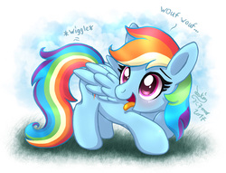 Size: 1180x900 | Tagged: safe, artist:joakaha, rainbow dash, pegasus, pony, g4, barking, behaving like a dog, blushing, colored pupils, cute, dashabetes, female, hnnng, looking back, mare, open mouth, panting, pet, pet play, signature, smiling, solo, tongue out