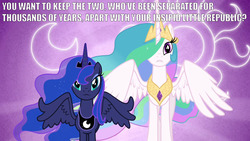 Size: 1280x720 | Tagged: safe, edit, edited screencap, screencap, princess celestia, princess luna, g4, the crystal empire, downvote bait, grammar error, meme, new lunar republic, op can't let go, op is a duck, op is trying to start shit, solar empire, text