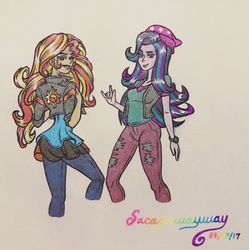 Size: 3023x3040 | Tagged: safe, artist:lucaspratt, starlight glimmer, sunset shimmer, equestria girls, g4, cutie mark, high res, traditional art